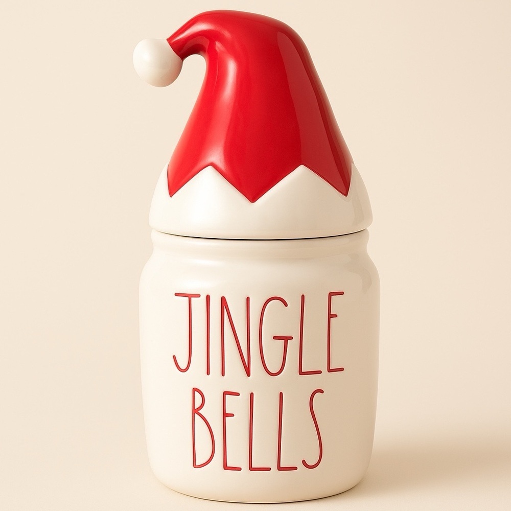 Rae Dunn baby JINGLE BELLS canister with Santa hat